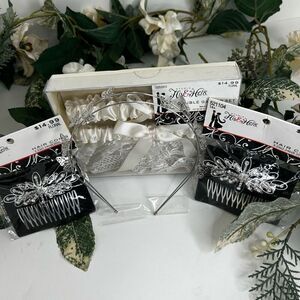 NIB His & Hers Double Garter Set Wedding Haircombs & Headband W/ Butterflies